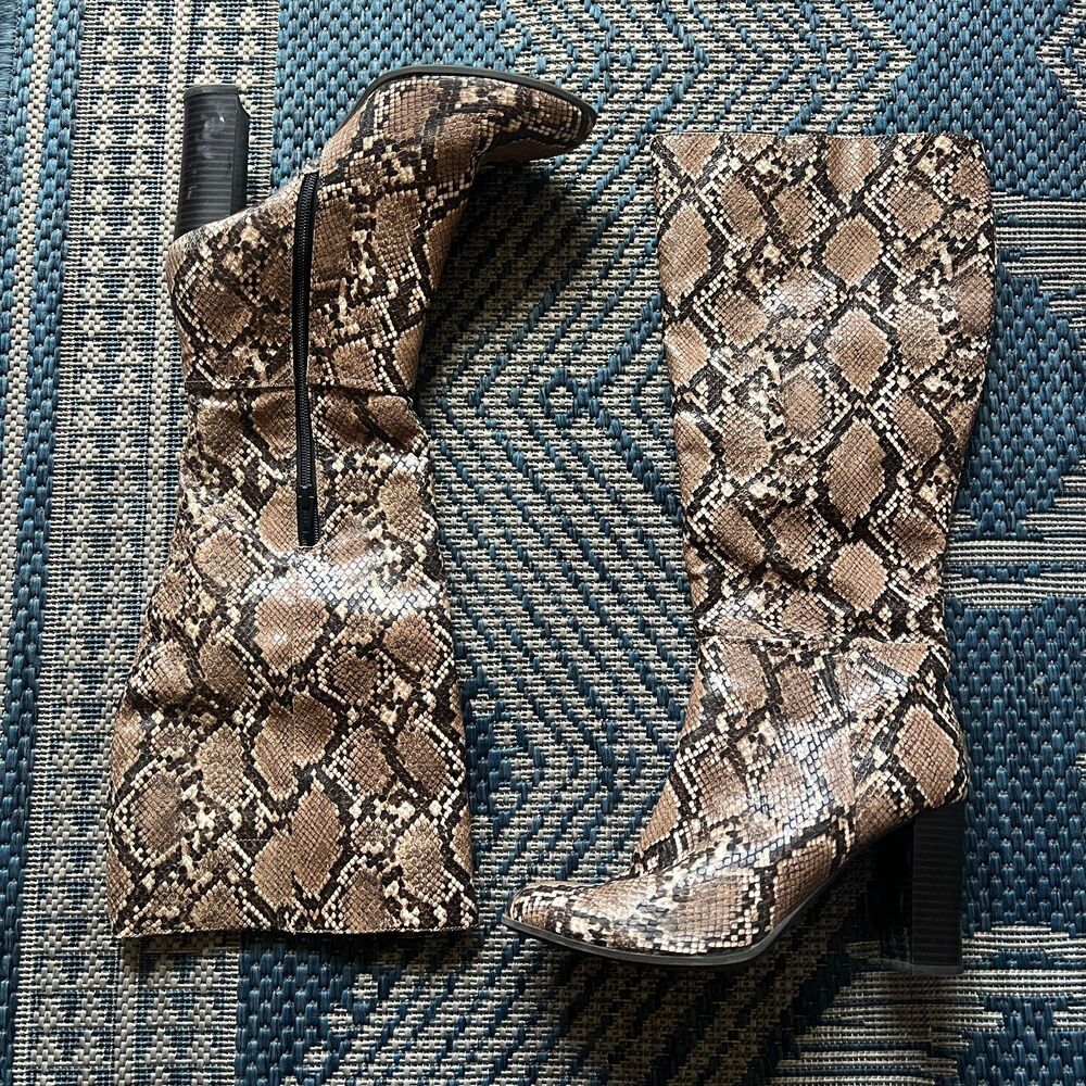 Snake python animal print knee high boots rounded toe size 8.5 neutral tone